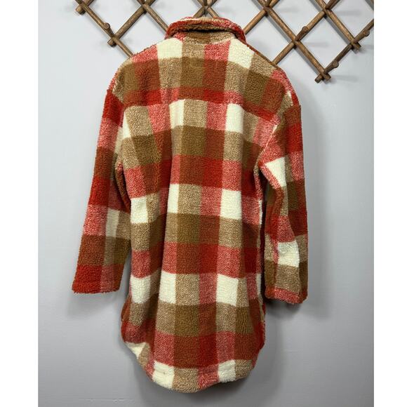 New Vigoss Faux Shearling Oversize Plaid Shirt Jacket in Rust Women's Size S - Picture 3 of 7